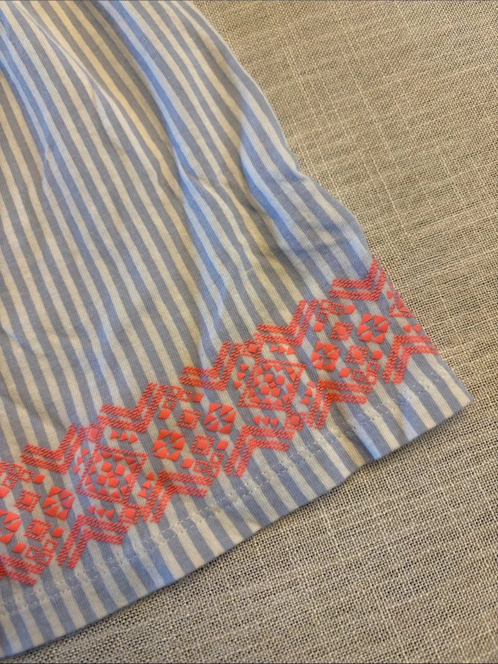 Blue and White Striped Dress with Coral Trim